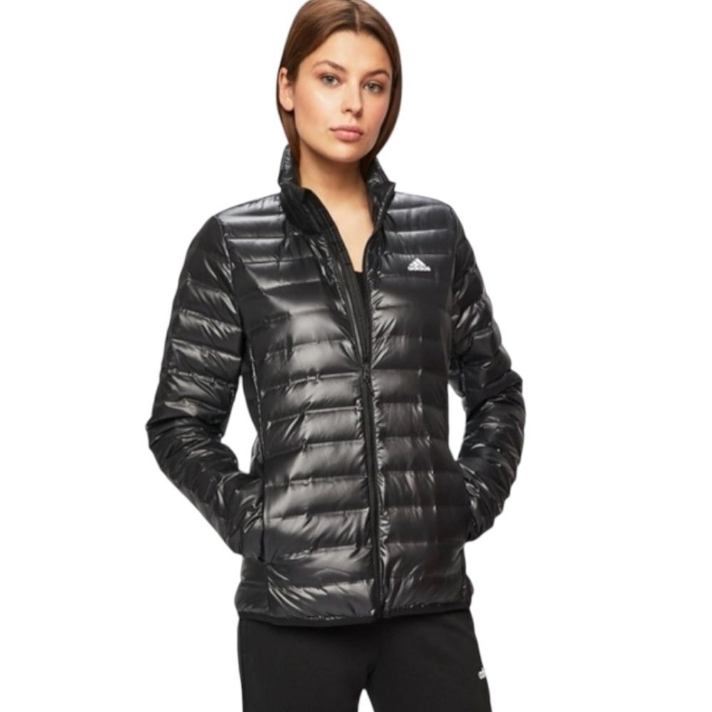 Adidas Women's Glossy Black Hooded Down Puffer Jacket - Size Small NWOT